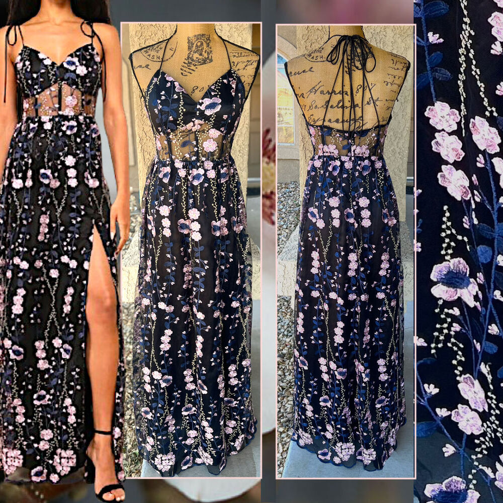 Minus Blossoming Fairytale Black Embroidered Tie-Strap Maxi Dress Size M